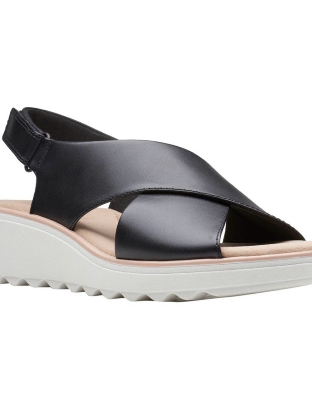 Clarks Black Leather Crossover Wedge Sandal
